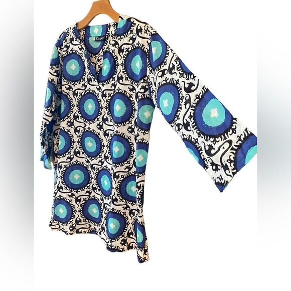 KikiSol Sz S Black Blue Teal Geometric Print Lightweight Long Sleeve Swim Cover - Picture 3 of 7